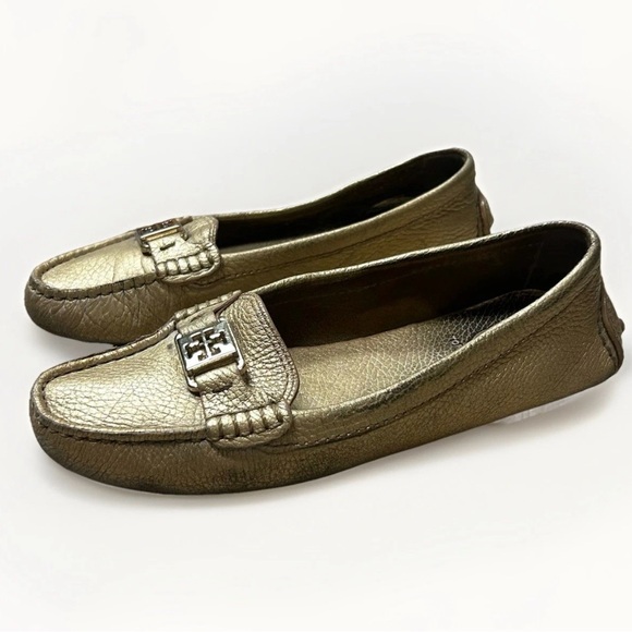 Tory Burch Loafers Kendrick Gold Leather Women Sz 8 Metallic Logo Driving Shoes - Picture 2 of 13